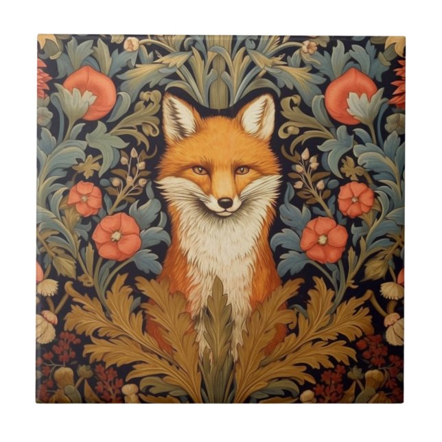 The fox and red flowers art nouveau style ceramic tile (Front)
