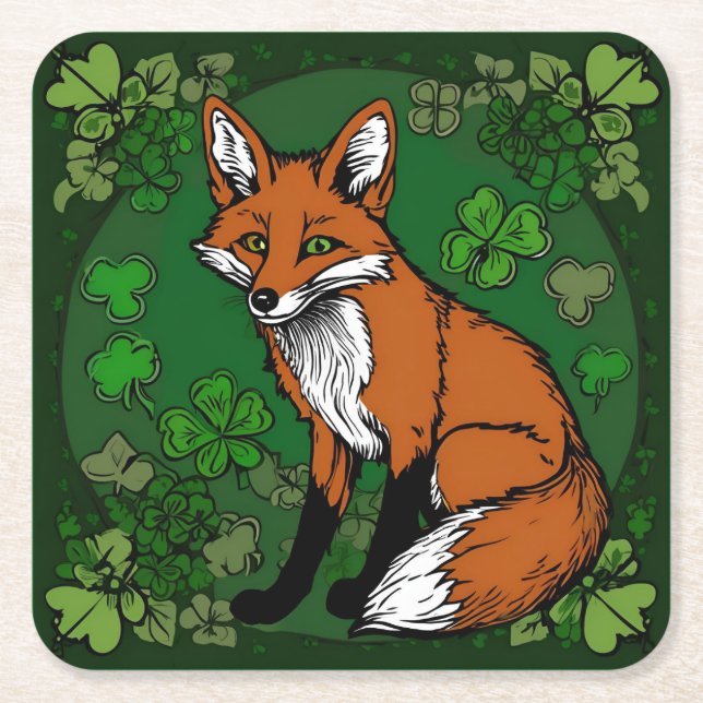 The Fox and The Shamrocks Square Paper Coaster (Front)