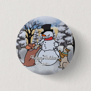 The friendship of snowman, dog and cat funny 3 cm round badge
