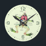 The Frog's Anatomy Green Round Clock<br><div class="desc">Frog dissection. Frog Head and Leg and Internal Organs. Frog internal anatomy image labelled diagram. For Science,  biology and school studies and teachers. No frogs were injured in the making of this frog design. With a light green background and black Roman numbers.</div>