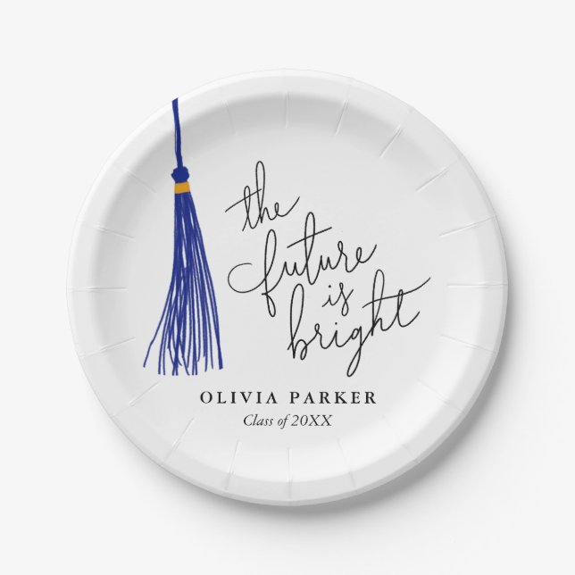 The Future Is Bright Grad Party Blue Tassel Paper Plate (Front)
