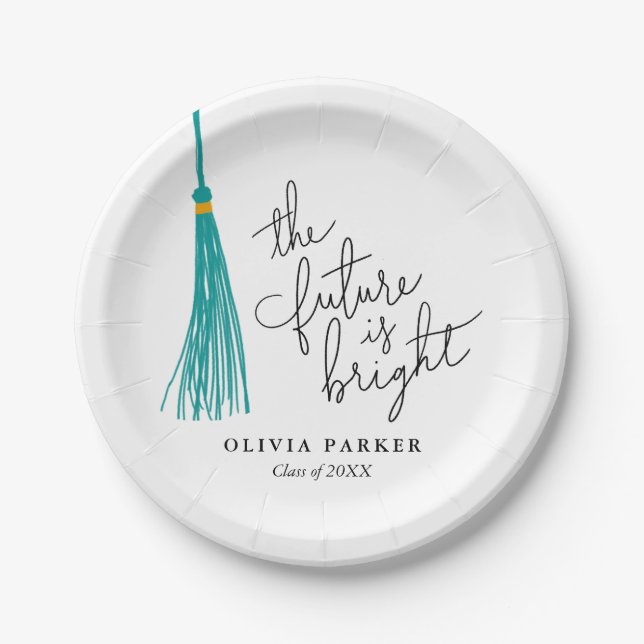 The Future Is Bright Grad Party Green Tassel Paper Plate (Front)