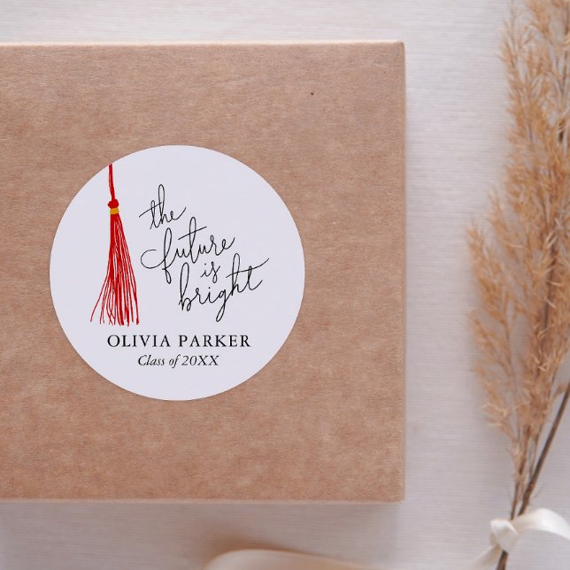 The Future Is Bright Graduation Red Tassel Classic Round Sticker (Creator Uploaded)