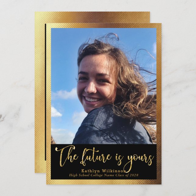 The Future is Yours Gold Script 4 Photo Graduation Announcement (Front/Back)
