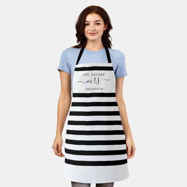 The Future Mrs Black Elegant Modern Stripes Script Apron (Worn)