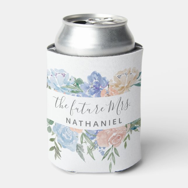 The Future Mrs Dusty Blue and Pink Floral Can Cooler (Can Front)