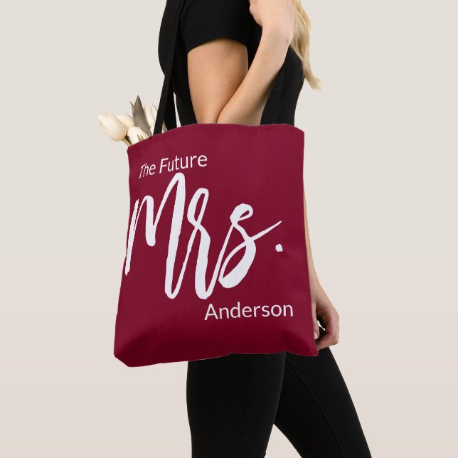 The Future Mrs. Script Burgundy & White Last Name Tote Bag (Close Up)