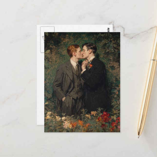 The Gay Men Kissing in a Garden Postcard (Front/Back In Situ)