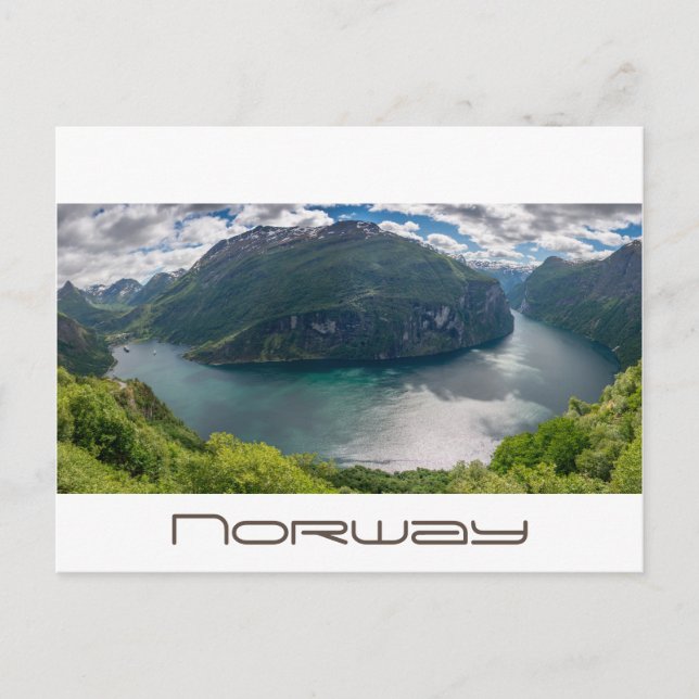 The Geirangerfjord in panorama white postcard (Front)