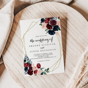 The Geometric Burgundy Navy Floral Wedding of  Invitation