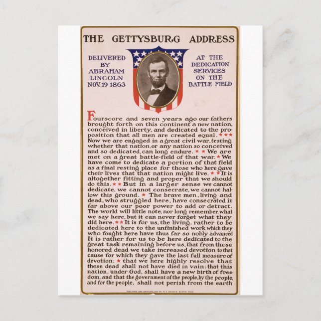The Gettysburg Address by Abraham Lincoln 1863 Postcard (Front)