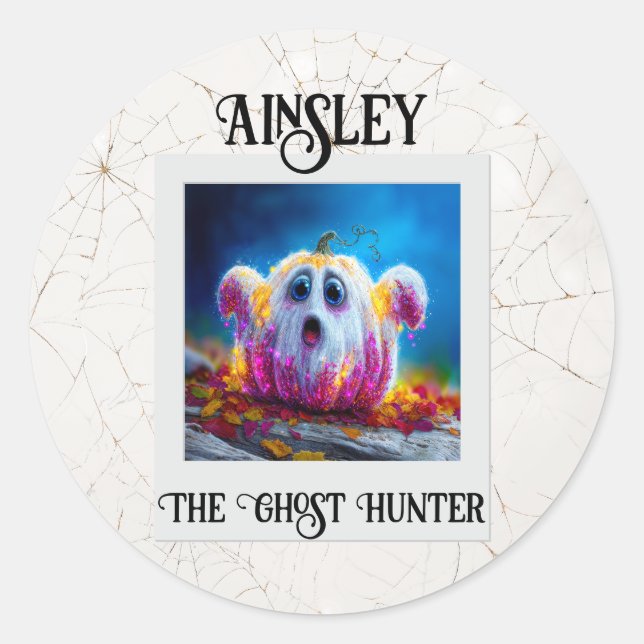The Ghost Hunter Halloween Pumpkin Photo Classic Round Sticker (Front)