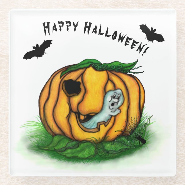 The Ghost of Halloween , Bat , Ghost and Spider Glass Coaster (Front)