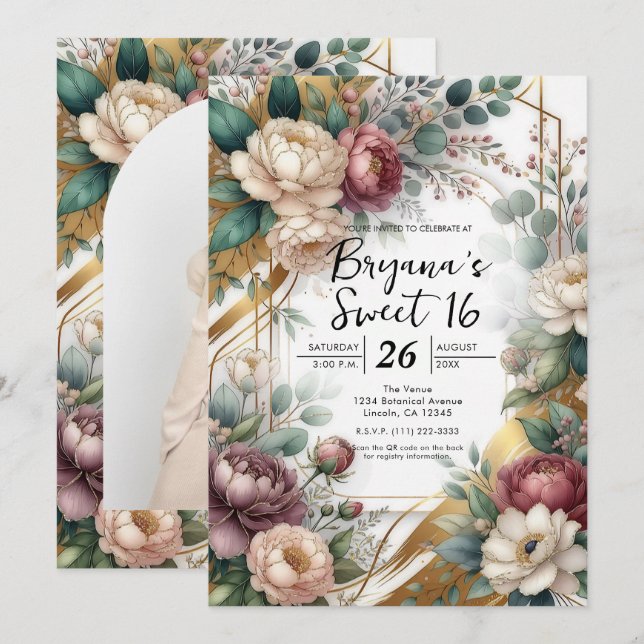 The Gilded Secret Garden Floral Glam Sweet 16 Invitation (Front/Back)