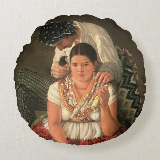 The Gipsy Boy and Girl, (oil on canvas) Round Cushion (Front)