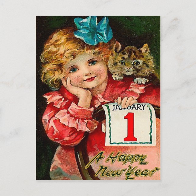 The Girl and the Cat - New Year Greeting Postcard (Front)