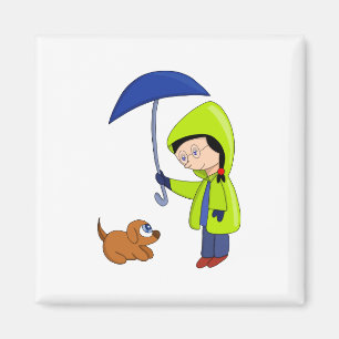 The girl and the dog on a rainy day magnet
