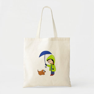 The girl and the dog on a rainy day tote bag