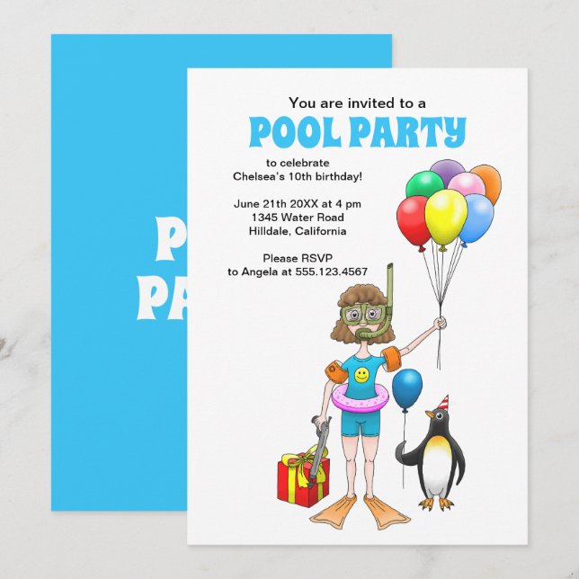 The Girl and the Penguin's Pool Party Invitation (Front/Back)
