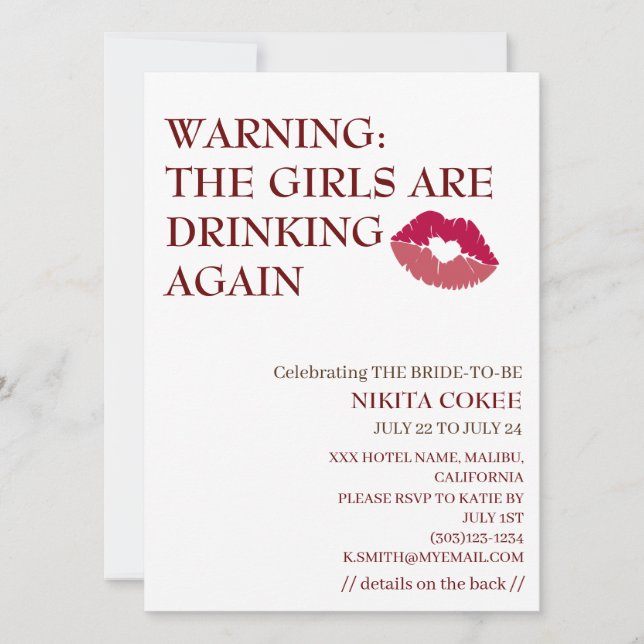 THE GIRLS ARE DRINKING AGAIN Bachelorette Weekend  Invitation (Front)