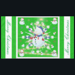 The Glittery Christmas Snowman - Tablecloth<br><div class="desc">This design features a white and blue snowflake, a golden tree, coloured snowflakes and lots of snowmen dressed for a cold Christmas season. A glitter was added to this design. A green backround was added along with a white border. Merry christmas was added to this design. This table cover comes...</div>