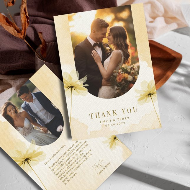 The Golden Hour Grace 2 Photo & Floral Wedding Thank You Card (Creator Uploaded)
