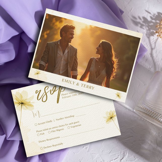 The Golden Hour Grace & Floral Photo Wedding RSVP Card (Creator Uploaded)