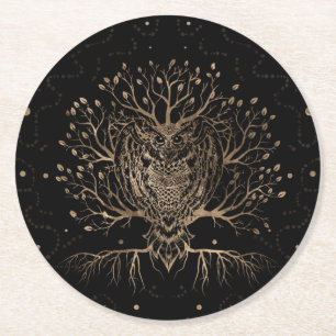 The Golden Owl Tree Round Paper Coaster