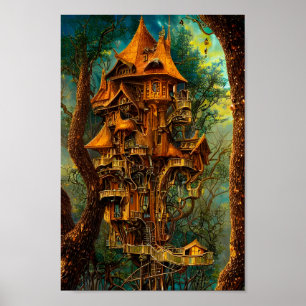 The Golden Treehouse   Fantasy Digital Art Poster