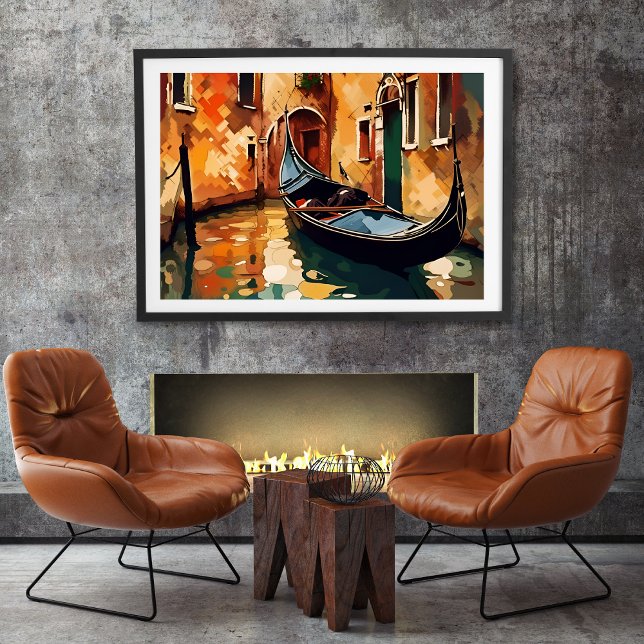 The Gondola unframed Poster (This attractive poster features deep earthy tones of orange, yellow, brown, green, and black.)