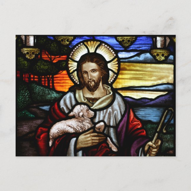 The Good Shepherd; Jesus on stained glass Postcard (Front)