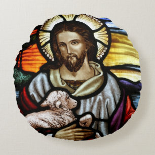 The Good Shepherd; Jesus on stained glass Round Cushion
