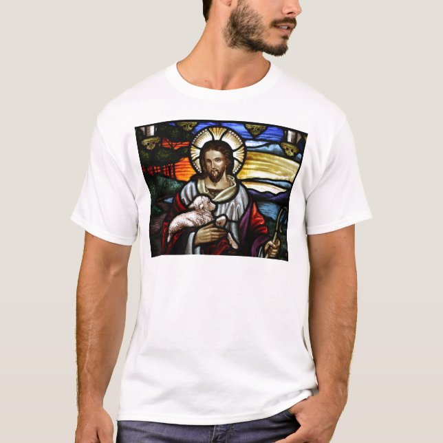 The Good Shepherd; Jesus on stained glass T-Shirt (Front)