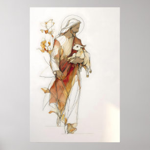 The Good Shepherd Jesus With Lamb Minimalist Line Poster