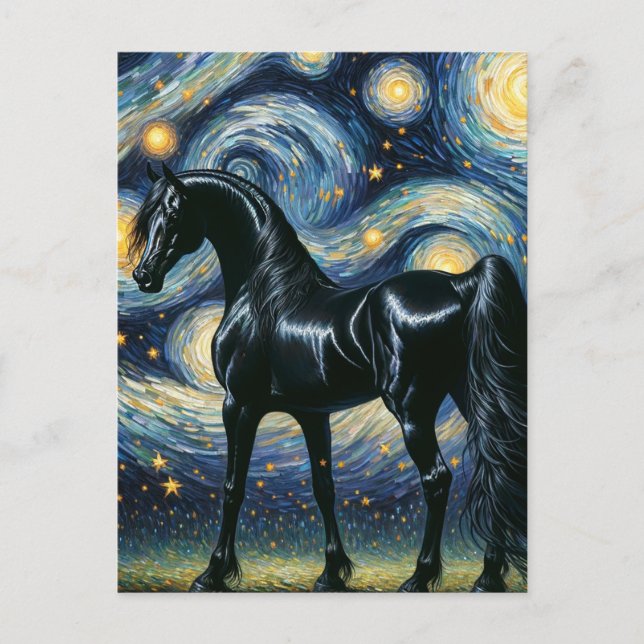 The Gorgeous Black Stallion in the Starry Night Postcard (Front)