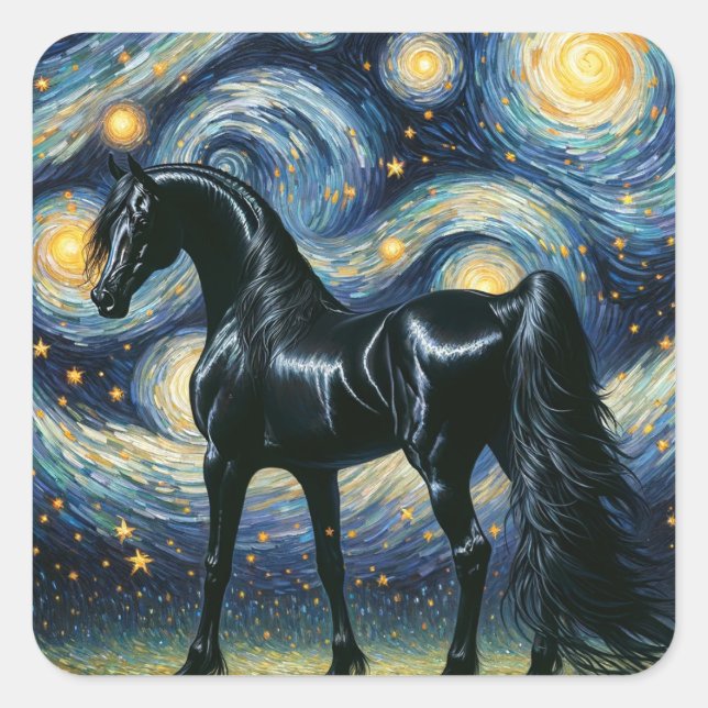 The Gorgeous Black Stallion in the Starry Night Square Sticker (Front)