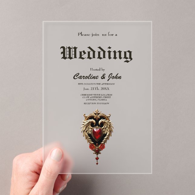 The gothic heart of fire and gold acrylic invitations (Insitu (Handheld))