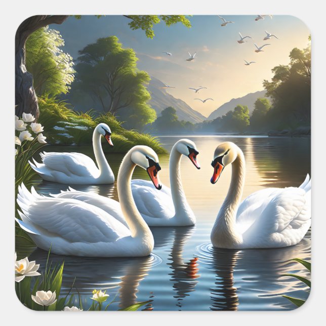 The graceful, white swans are a familiar sight in  square sticker (Front)
