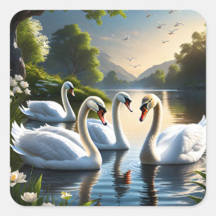 The graceful, white swans are a familiar sight in  square sticker