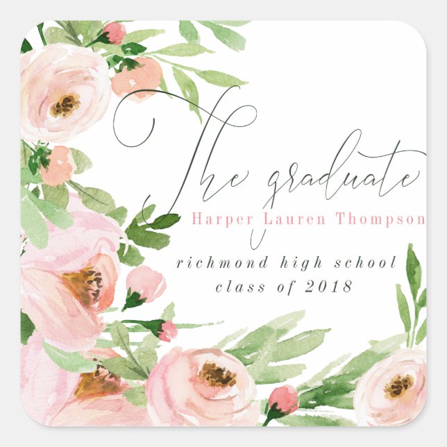 THE GRADUATE BLUSH WATERCOLOR FLORAL SQUARE STICKER (Front)