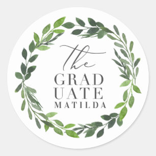 The graduate script and watercolor foliage wreath classic round sticker