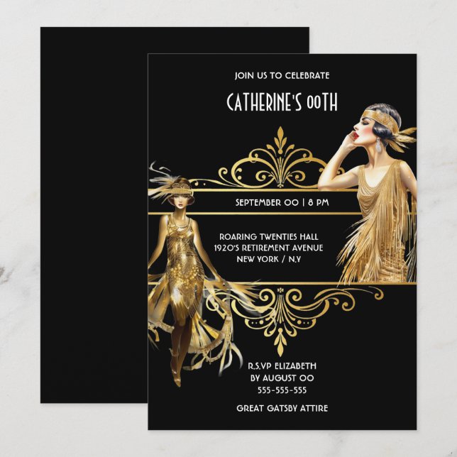 The Great Gatsby 1920's black gold birthday Invitation (Front/Back)