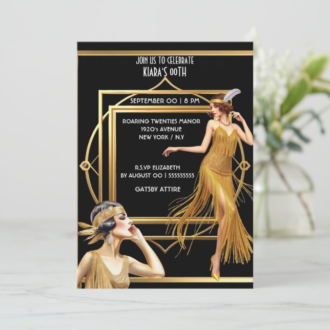 The Great Gatsby black gold flapper girls art deco Invitation (Standing Front)