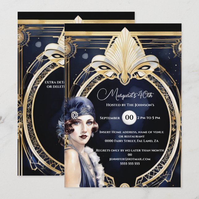 The Great Gatsby blue gold flapper girl 1920's  Invitation (Front/Back)
