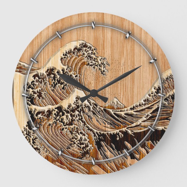 The Great Hokusai Wave Bamboo Wood Grain Style Large Clock (Front)
