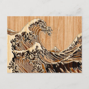 The Great Hokusai Wave Bamboo Wood Grain Style Postcard