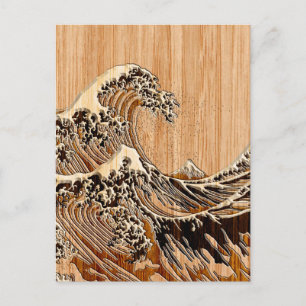 The Great Hokusai Wave Bamboo Wood Grain Style Postcard