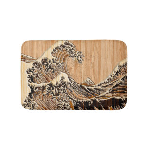 The Great Hokusai Wave Bamboo Wood Inlay Style Bath Mat