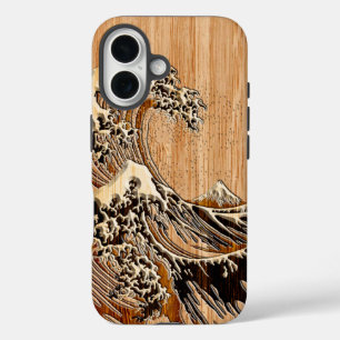 The Great Hokusai Wave Bamboo Wood Inlay Style iPhone 16 Case