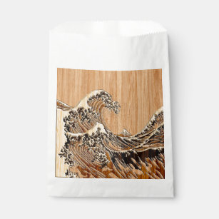 The Great Hokusai Wave Bamboo Wood Inlay Style Favour Bag